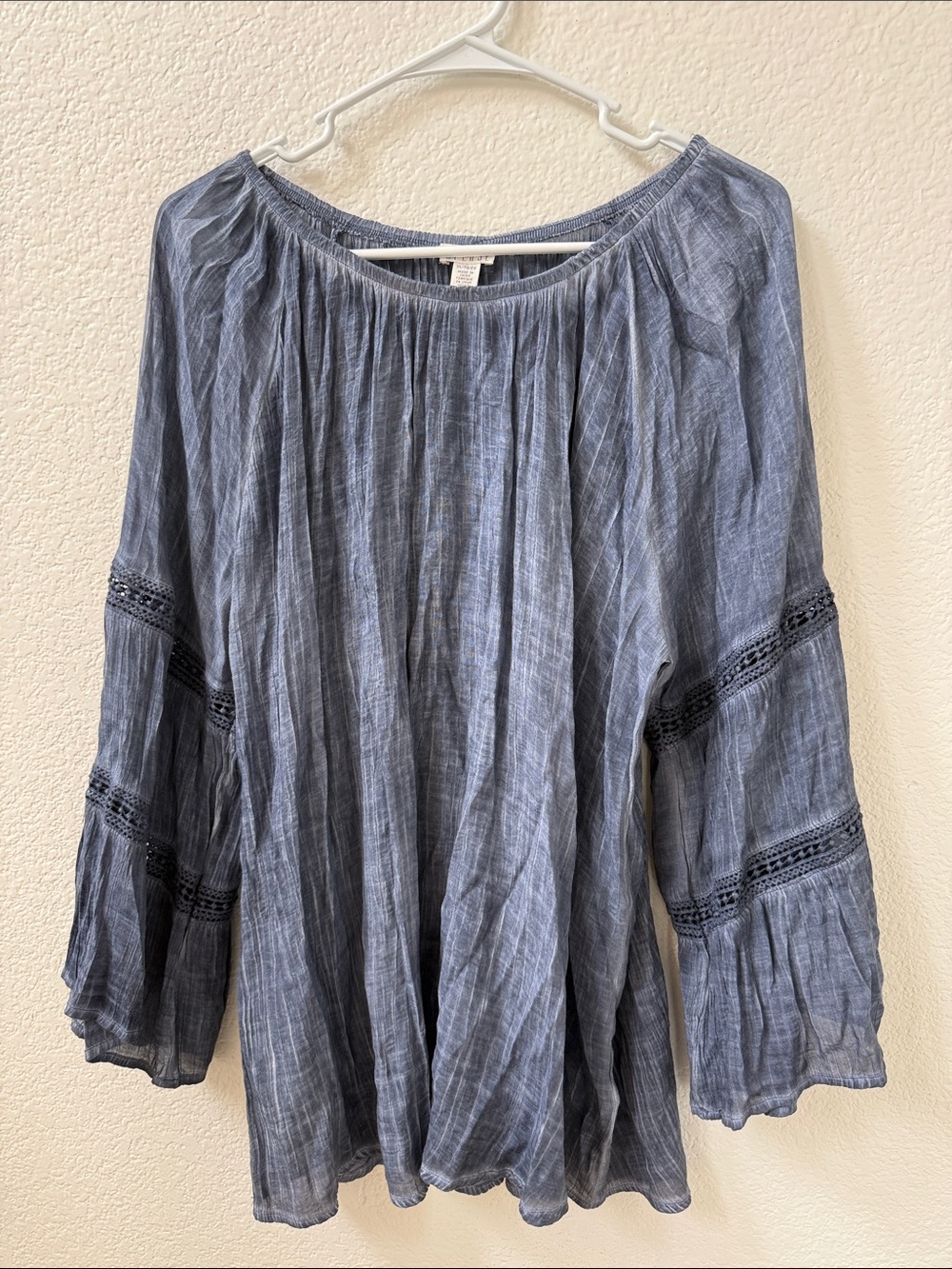 Spense Washed Blue Crochet-Inset Peasant Tunic